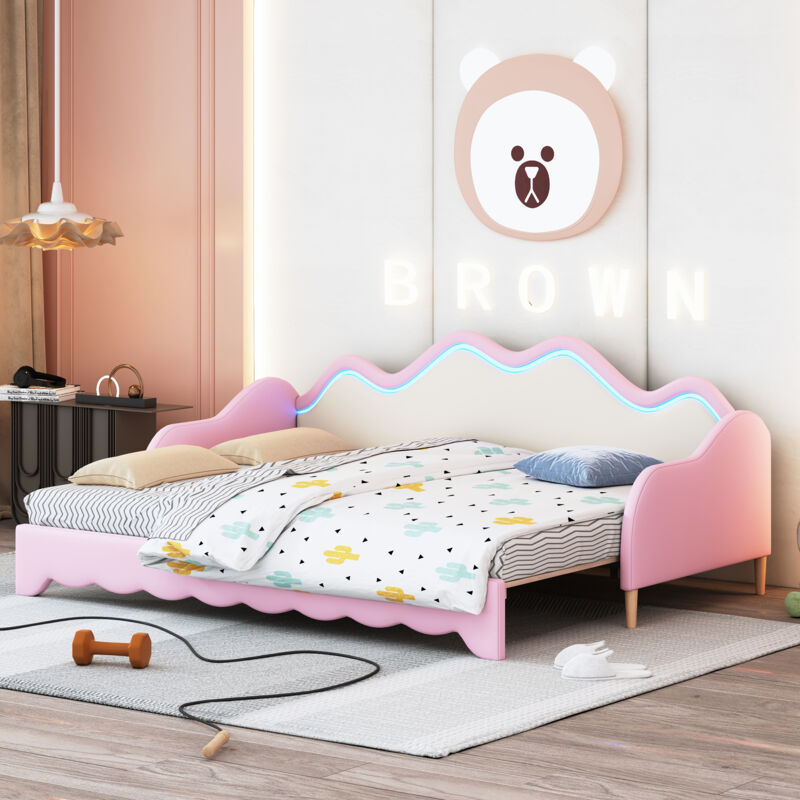 foto del prodotto letto imbottito 90 180 190cm, divano letto multifunzione 2 in 1, lettino per bambini in ecopelle con illuminazione a led, con rete a doghe, rosa