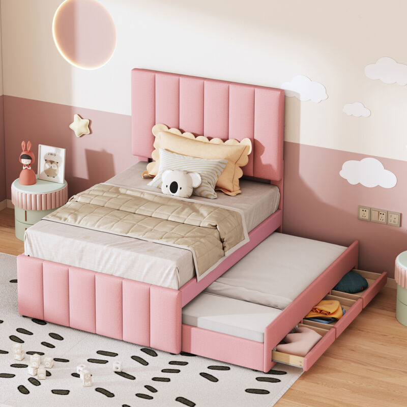 foto del prodotto letto imbottito 90 x 200 cm con cassetti estraibili e cassetti portaoggetti, rivestimento in lino delicato sulla pelle, letto singolo piatto, lettino