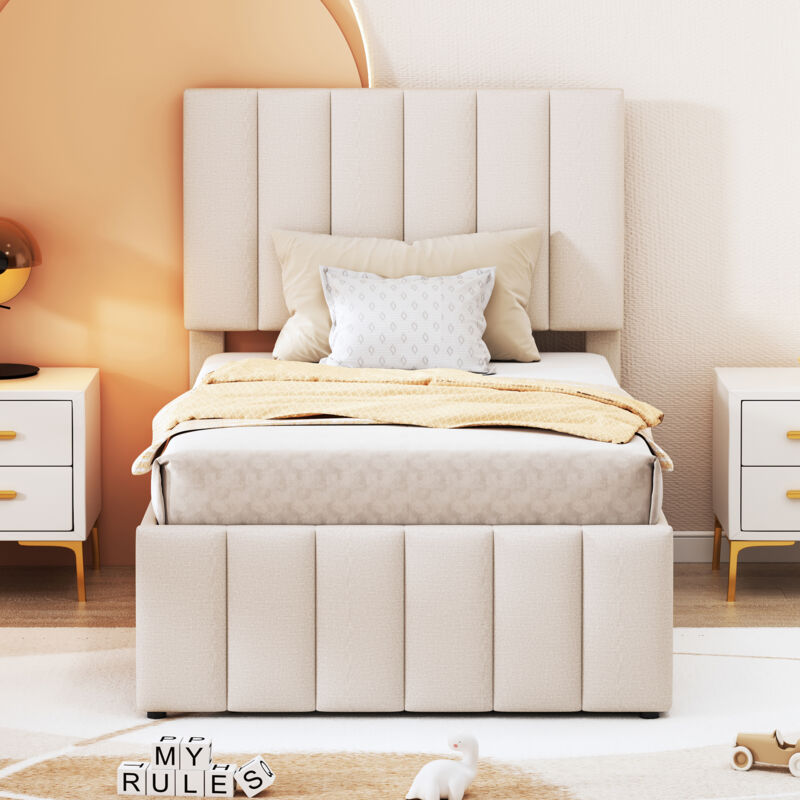 foto del prodotto letto imbottito 90 x 200 cm con cassetti portaoggetti, rivestimento in lino delicato sulla pelle, letto singolo piatto, beige materasso non incluso 
