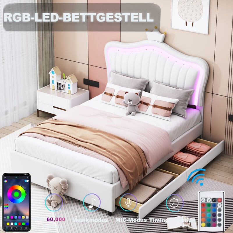 foto del prodotto letto imbottito 90 x 200 cm con luce led, decorazione a forma di corona, pu, bianco, con cassetto senza materasso 