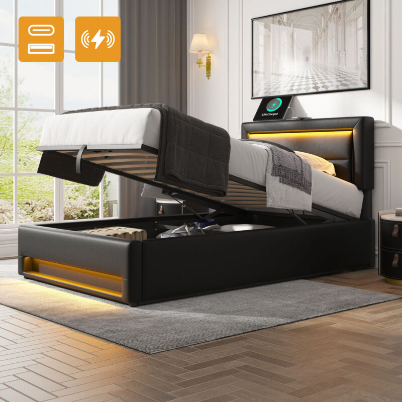 foto del prodotto letto imbottito 90 x 200 cm, con porta usb supporta la ricarica wireless e via cavo , con illuminazione a led e spazio per riporre oggetti, senza