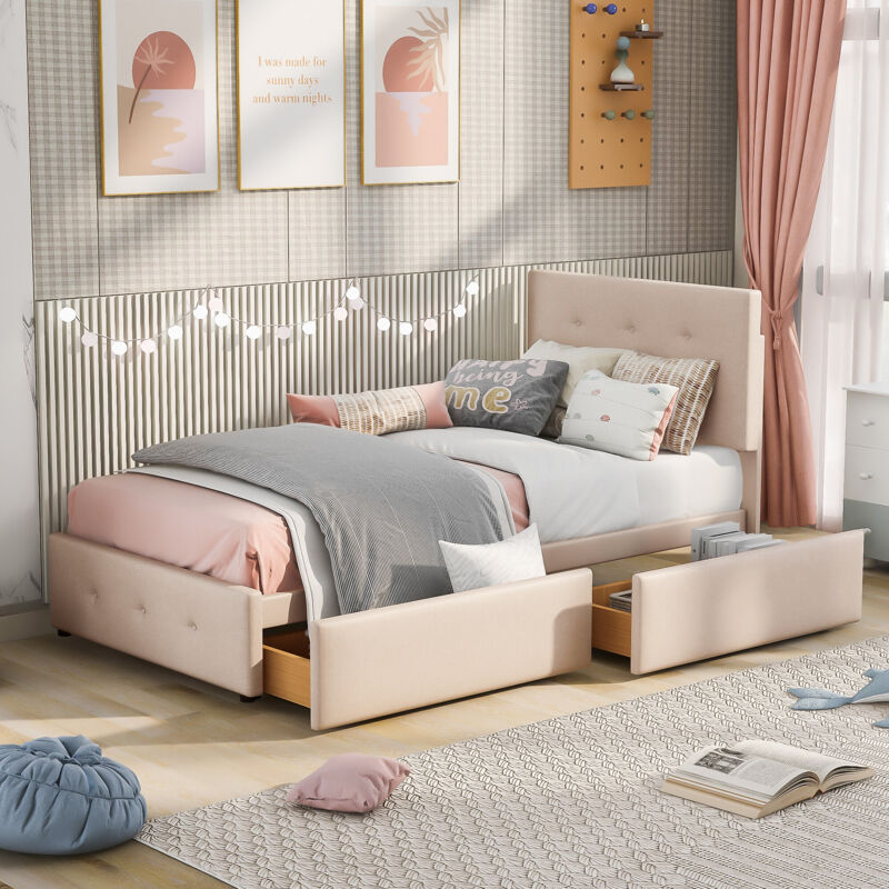 foto del prodotto letto imbottito 90 x 200 cm con rete a doghe, schienale e due cassetti, tessuto in velluto delicato sulla pelle, beige scuro 
