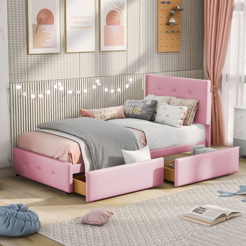 foto del prodotto letto imbottito 90 x 200 cm con rete a doghe, schienale e due cassetti, tessuto in velluto delicato sulla pelle, letto singolo piatto, beige, lettino