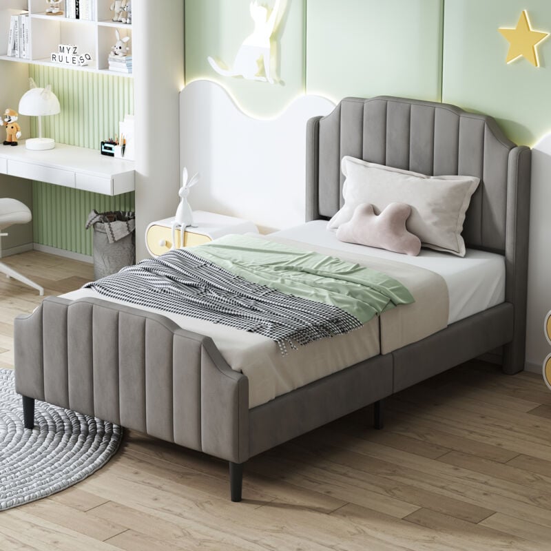 foto del prodotto letto imbottito 90 x 200 cm, giroletto per bambini con testiera, pediera e rete a doghe, letto matrimoniale rivestito in velluto grigio, letto per