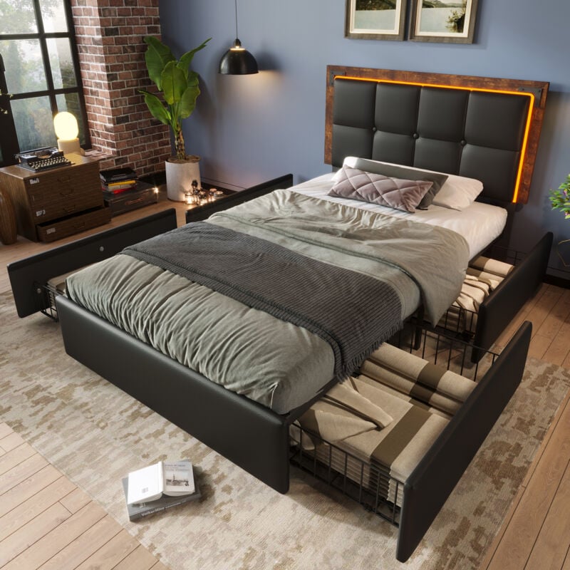foto del prodotto letto imbottito 90 x 200 cm, letto con 4 cassetti, led, testiera regolabile in altezza, pu, nero senza materasso 