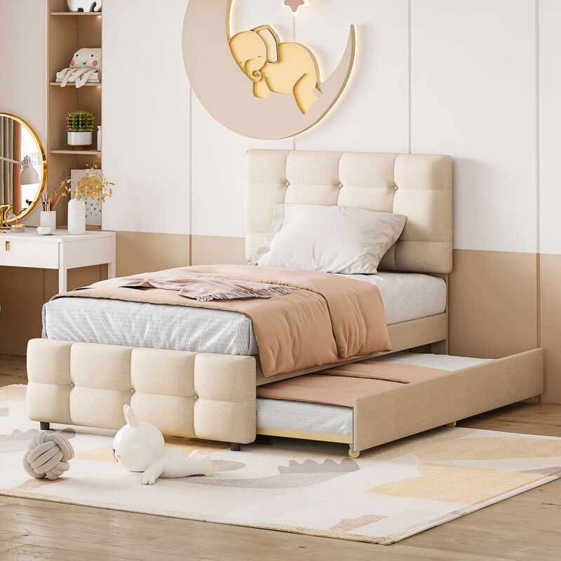 foto del prodotto letto imbottito 90 x 200 cm, letto per bambini estraibile, testiera regolabile, rivestimento in lino delicato sulla pelle, letto singolo piatto,