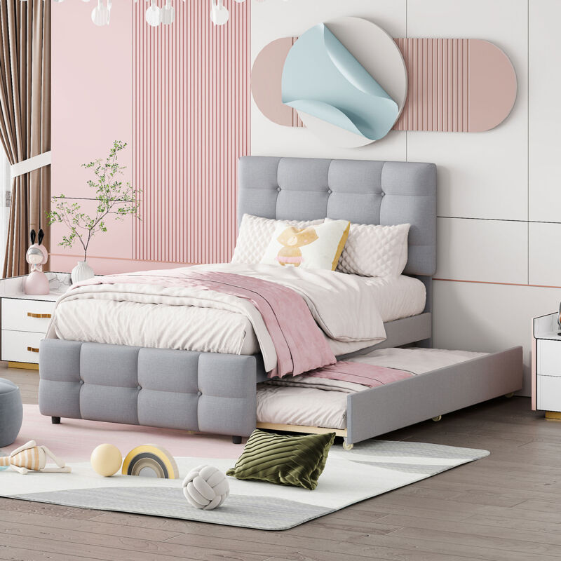 foto del prodotto letto imbottito 90 x 200 cm, letto per bambini estraibile, testiera regolabile, rivestimento in lino delicato sulla pelle, letto singolo piatto,