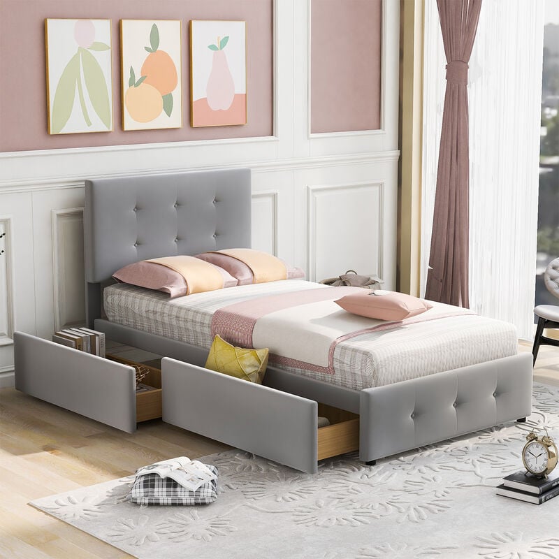 foto del prodotto letto imbottito 90 x 200 cm, schienale e due cassetti letto singolo testiera regolabile in altezza tessuto vellutato, grigio
