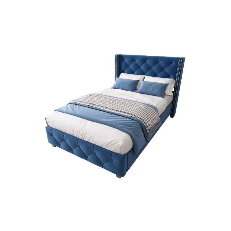 foto del prodotto letto imbottito 90200 cm con rete e testiera a doghe, rivestimento bottoni, rivestimento rivetti, piedini in legno, velluto, blu