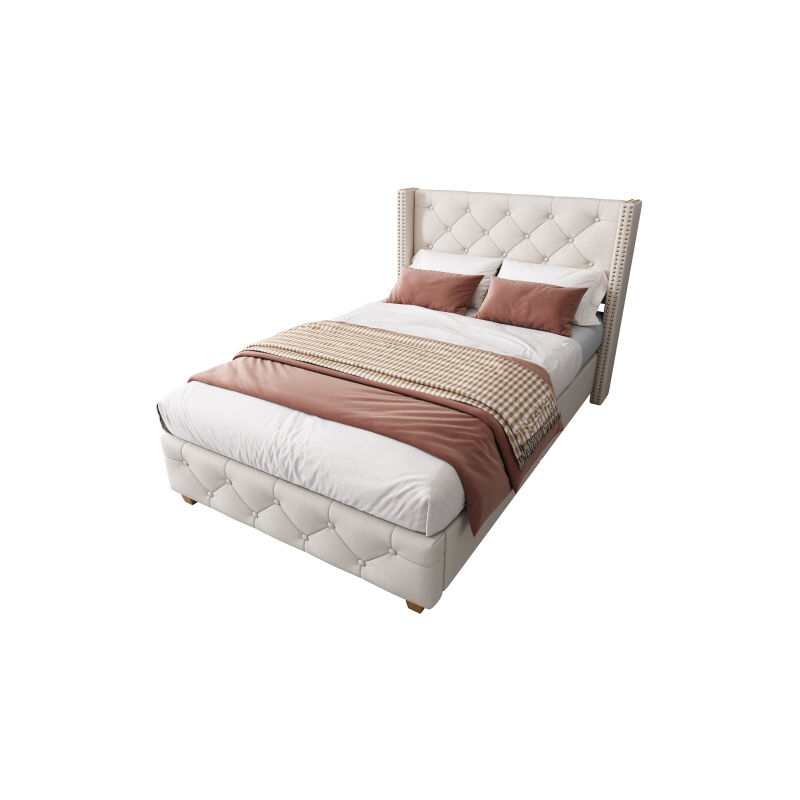 foto del prodotto letto imbottito 90200 cm con rete e testiera a doghe, rivestimento con bottoni, rivestimento con rivetti, gambe in legno, lino, beige