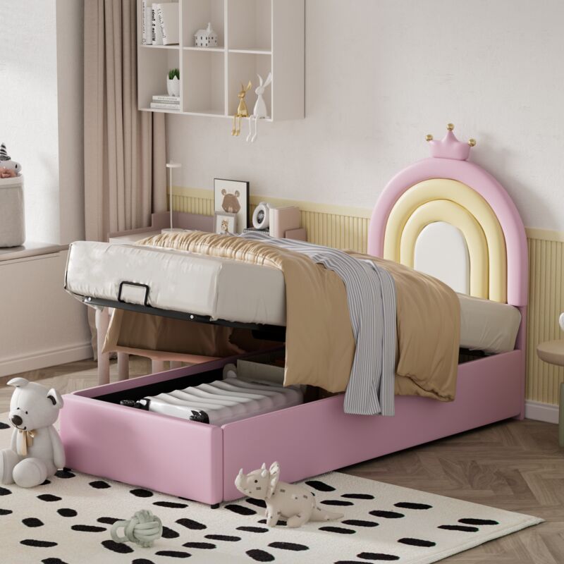 foto del prodotto letto imbottito 90200, letto idraulico, con rete e testiera a doghe, letto per ragazzi, supporto a doghe in legno, montaggio semplice, testiera