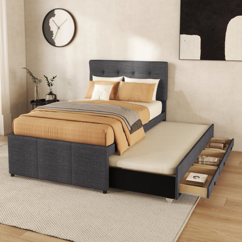 foto del prodotto letto imbottito, 90x200 cm 90x190 cm , letto familiare, letto con tre cassetti, letto estraibile, testiera regolabile, senza materasso, grigio