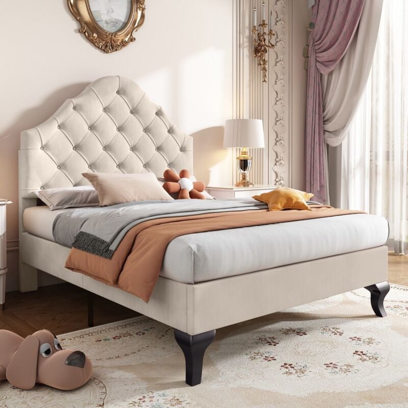 foto del prodotto letto imbottito 90x200 cm, con testata regolabile in altezza, supporti a doghe in legno, velluto beige