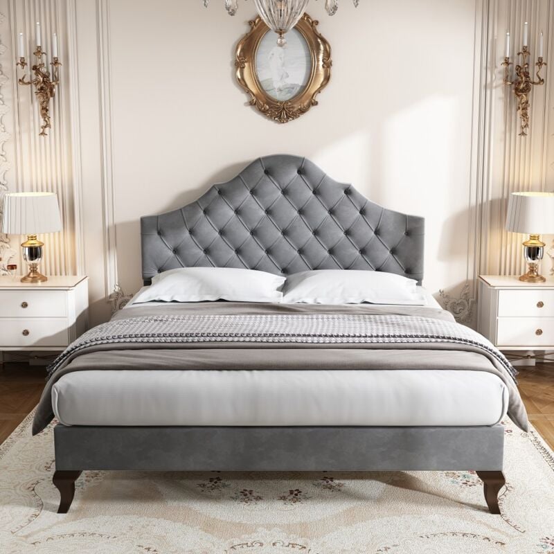 foto del prodotto letto imbottito 90x200 cm, con testata regolabile in altezza, supporti a doghe in legno, velluto grigio