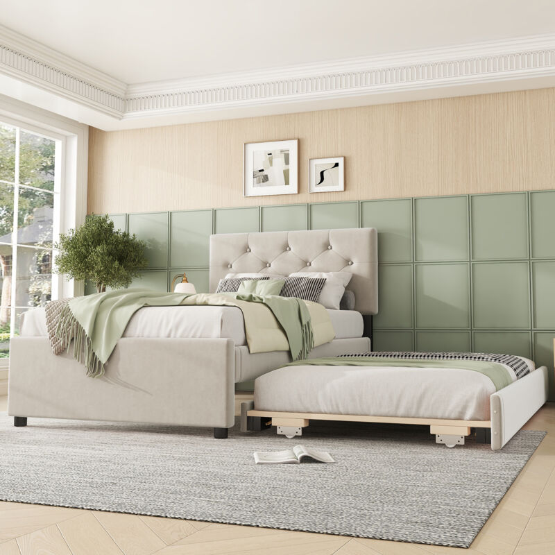 foto del prodotto letto imbottito, 90x200 cm, letto con rete a doghe senza materasso , letto con contenitore su ruote, velluto, minimalista, beige