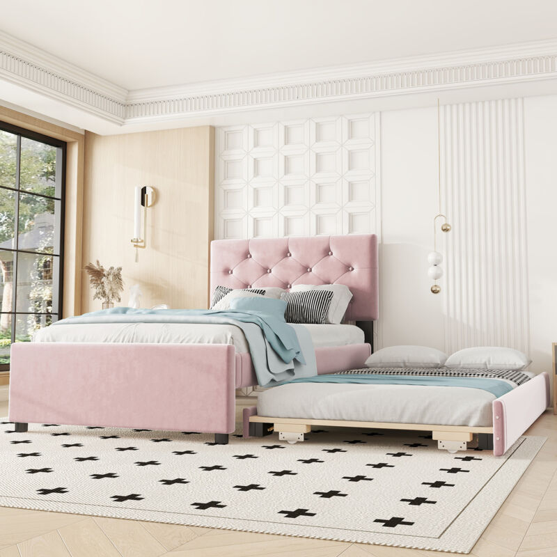 foto del prodotto letto imbottito, 90x200 cm, letto con rete a doghe senza materasso , letto con contenitore su ruote, velluto, minimalista, rosa