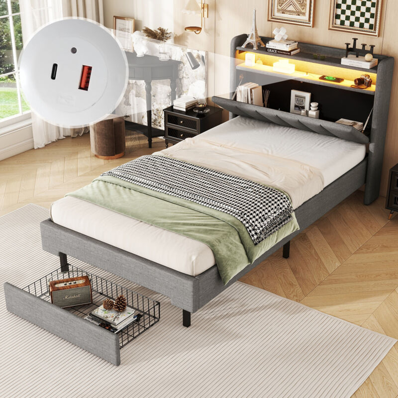 foto del prodotto letto imbottito 90x200 cm, letto singolo con cassetti, led, usb, testiera pieghevole con contenitore, grigio senza materasso 