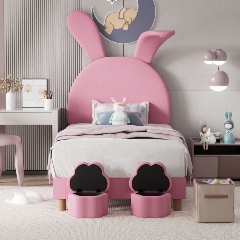 foto del prodotto letto imbottito 90x200, con due sgabelli contenitori, illuminazione comodino a led, orecchie di coniglio pieghevoli, senza materasso, letto per