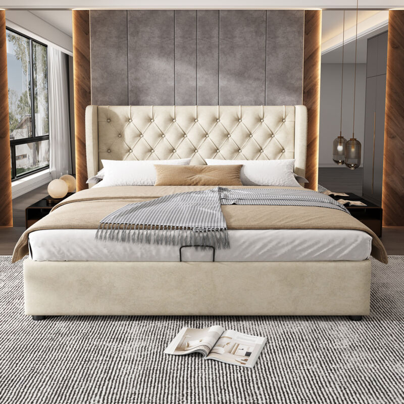 foto del prodotto letto imbottito a forma di orecchio in tessuto di velluto, cuciture larghe con bottoni, letto matrimoniale 180200, letto funzionale idraulico con