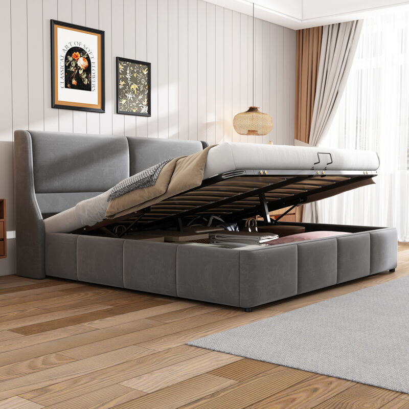 foto del prodotto letto imbottito, a forma di orecchio, testiera con cuscino, letto matrimoniale, letto funzionale idraulico, 180 x 200, grigio okwish