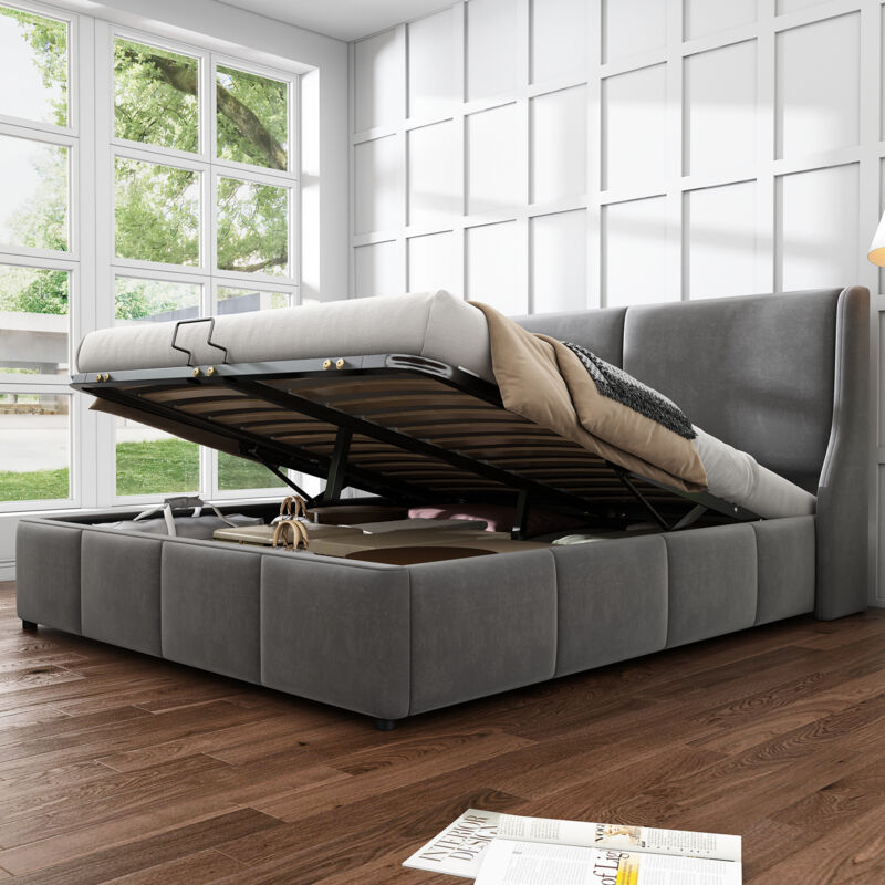 foto del prodotto letto imbottito, a forma di orecchio, testiera, letto matrimoniale, letto funzionale idraulico, 140 x 190, grigio okwish