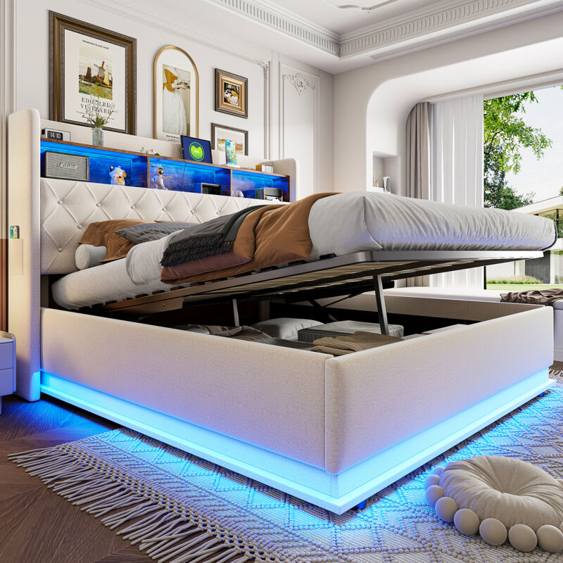 foto del prodotto letto imbottito a led 180 x 200 cm, letto contenitore imbottito con porta di ricarica usb e spazio di archiviazione idraulico, tessuto di lino