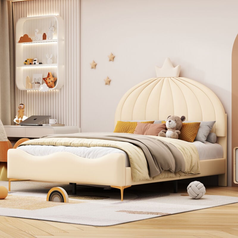 foto del prodotto letto imbottito beige 140x200 cm, letto per bambine con testiera a fumetto con modanatura a corona, tessuto in similpelle