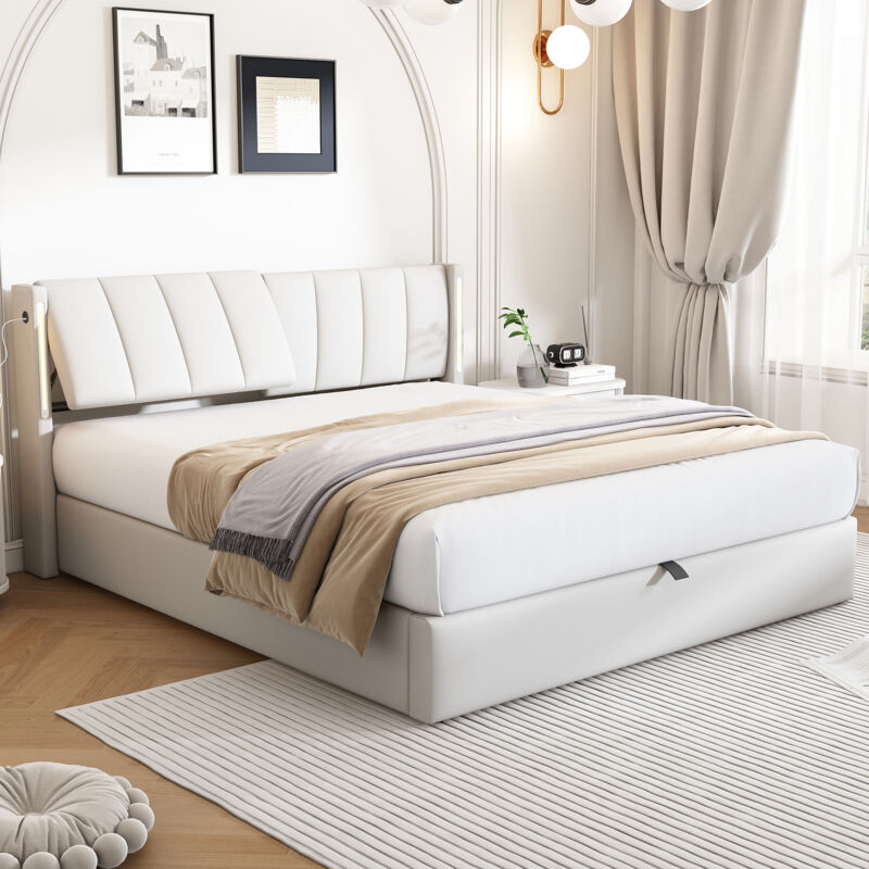 foto del prodotto letto imbottito binaurale a led 140 x 200 cm letto idraulico ricaricabile porta usb nel letto con illuminazione a led con contenitore testiera