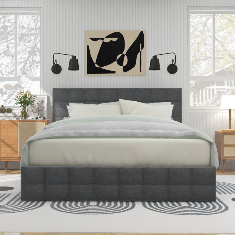 foto del prodotto letto imbottito con 4 cassetti, letto matrimoniale con rete a doghe, letto contenitore, materiale in lino 140 x 200 cm, grigio 
