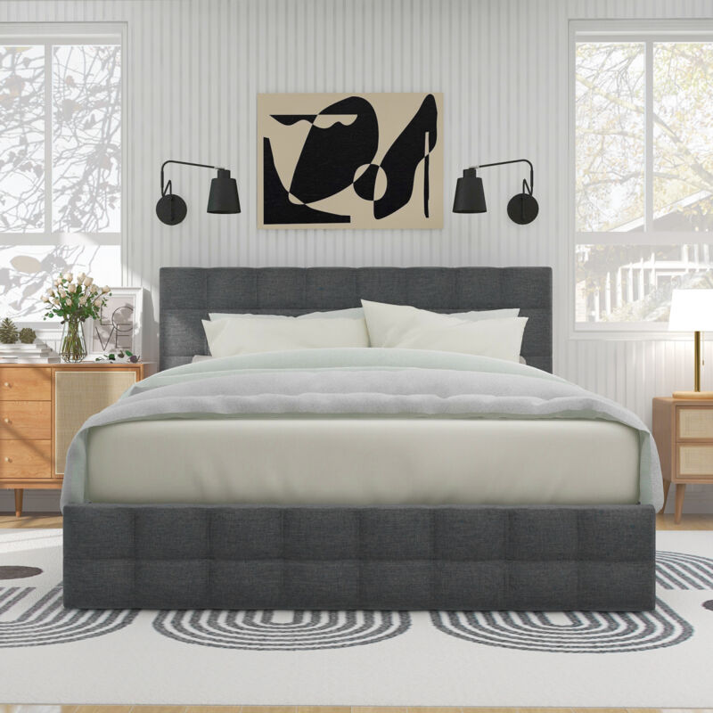 foto del prodotto letto imbottito con 4 cassetti, letto matrimoniale con rete a doghe, letto contenitore, testiera regolabile in altezza e design con cuciture