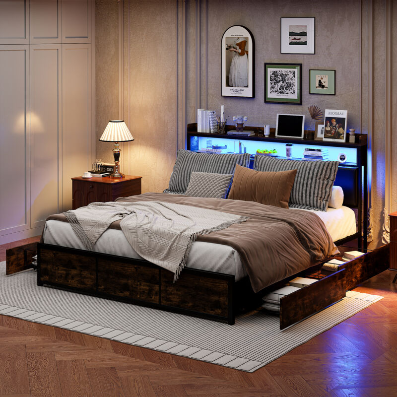 foto del prodotto letto imbottito con 4 cassetti, stile industriale, letto contenitore led 160x200cm, letto matrimoniale imbottito in pu, nero, senza materasso