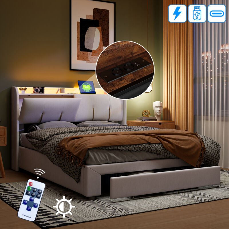 foto del prodotto letto imbottito con contenitore, letto matrimoniale a led 140x200 cm, spazioso letto boxspring, testiera creativa con contenitore e porte di