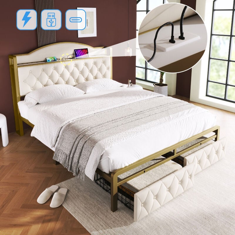 foto del prodotto letto imbottito con funzione di ricarica usb tipo c e cassetti, letto matrimoniale 140 x 200 con vano contenitore, giroletto con rete a doghe in