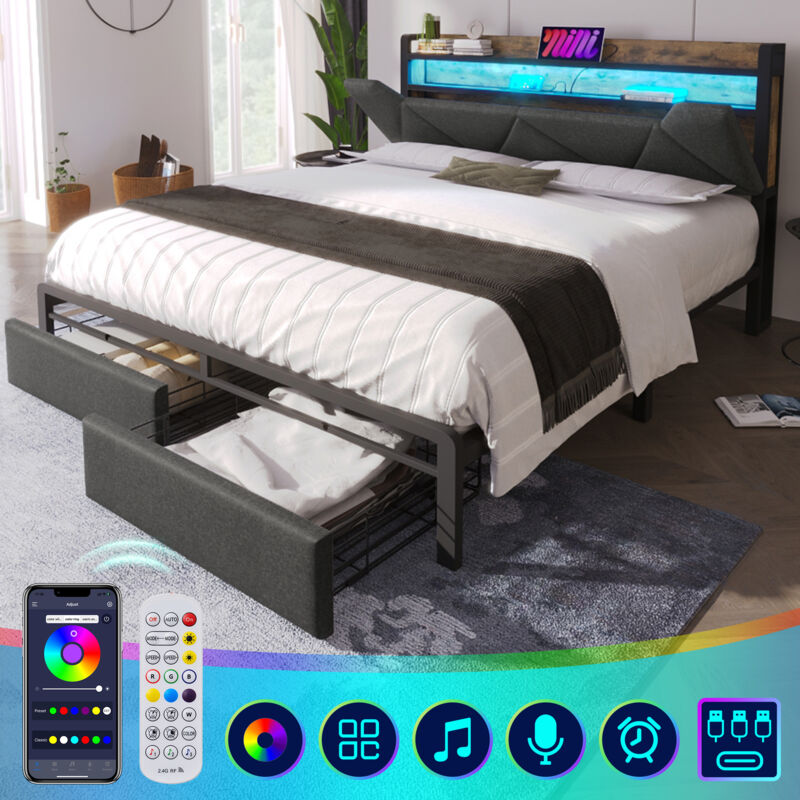 foto del prodotto letto imbottito con funzione di ricarica usb tipo c, testiera con vano contenitore e illuminazione a led e cassetti, letto matrimoniale 140x200 letti