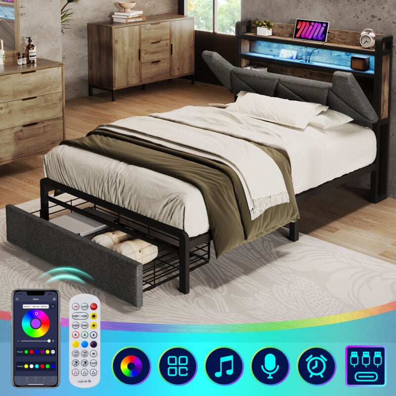 foto del prodotto letto imbottito con funzione di ricarica usb type c, testiera contenitore e illuminazione e cassetti a led, letto singolo 90 x 200 letti contenitore,