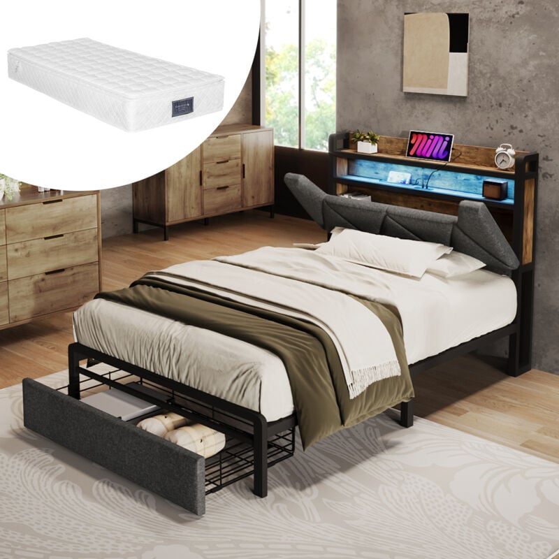 foto del prodotto letto imbottito con funzione di ricarica usb type c, testiera contenitore e illuminazione e cassetti a led, letto singolo 90 x 200 letti contenitore,