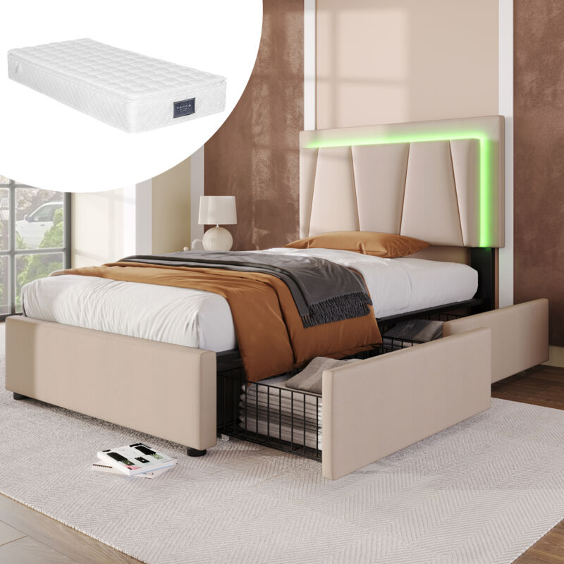 foto del prodotto letto imbottito con illuminazione a led e 2 cassetti, testiera regolabile in altezza, letto singolo 90x200 cm, contenitore, giroletto, rete a doghe