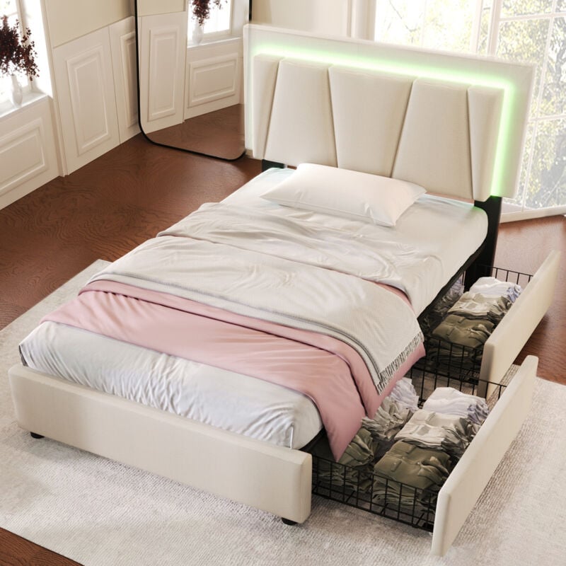 foto del prodotto letto imbottito con illuminazione a led e 2 cassetti, testiera regolabile in altezza, letto singolo 90x200 cm, contenitore, giroletto, rete a doghe