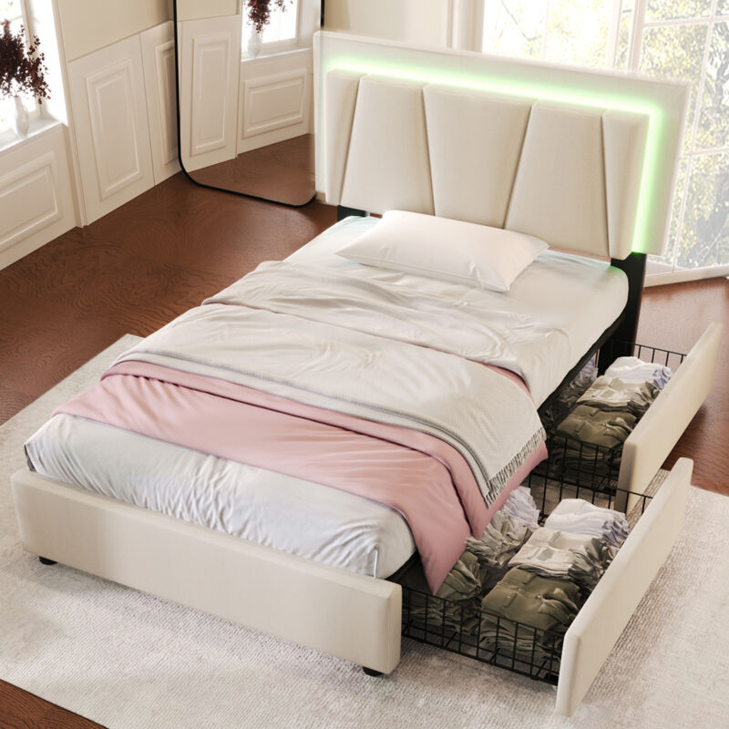 foto del prodotto letto imbottito con illuminazione a led e 2 cassetti, testiera regolabile in altezza, letto singolo 90x200 cm spazio contenitore letti giroletto,