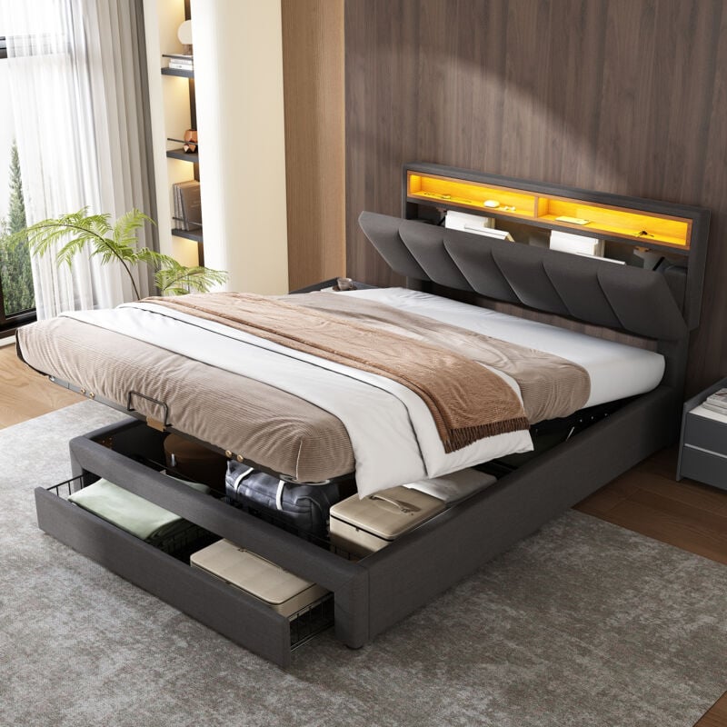 foto del prodotto letto imbottito con illuminazione a led, letto contenitore idraulico con cassone, cassetti e vani portaoggetti, testiera in schiuma retrattile, letto
