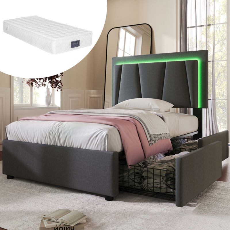 foto del prodotto letto imbottito con illuminazione led e 2 cassetti, testiera regolabile in altezza, letto singolo 90x200 cm, contenitore, giroletto, rete a doghe in