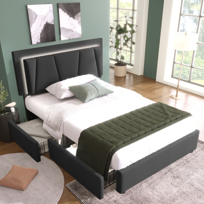 foto del prodotto letto imbottito con illuminazione led e 2 cassetti, testiera regolabile in altezza, letto singolo 90x200 cm, contenitore, giroletto, rete a doghe in