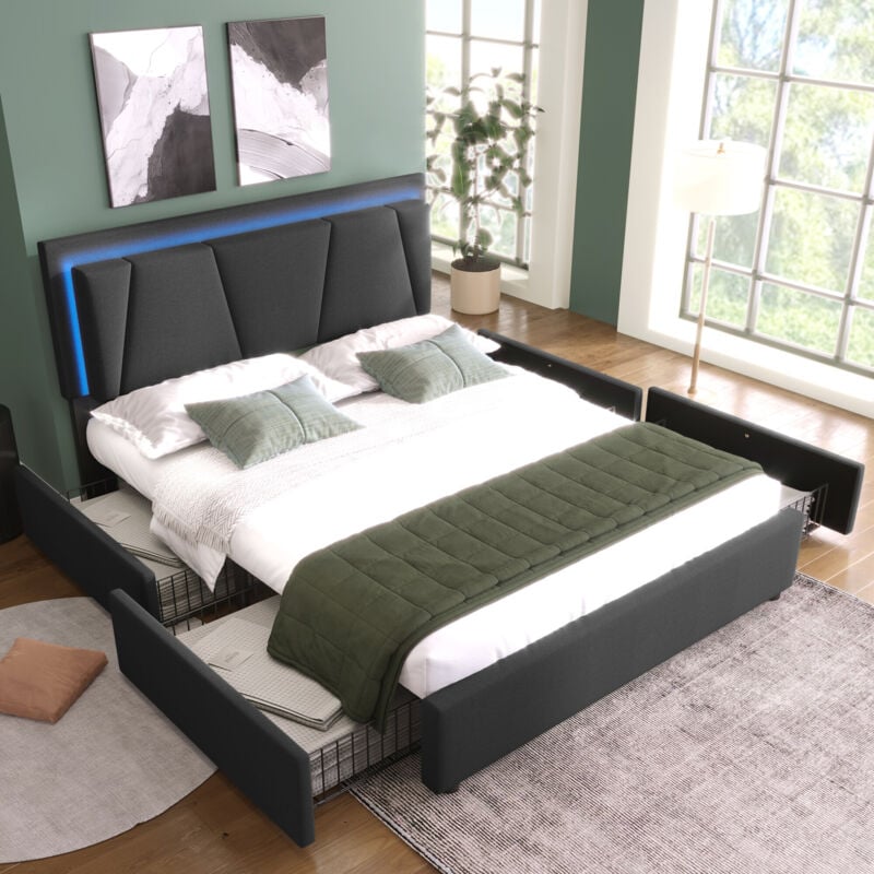 foto del prodotto letto imbottito con illuminazione led e 4 cassetti, testiera regolabile in altezza, letto matrimoniale 140x200 cm, contenitore, giroletto, rete a