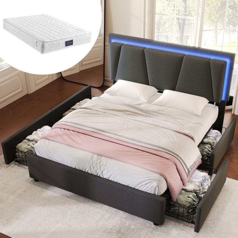 foto del prodotto letto imbottito con illuminazione led e 4 cassetti, testiera regolabile in altezza, letto matrimoniale 140x200 cm, contenitore, giroletto, rete a