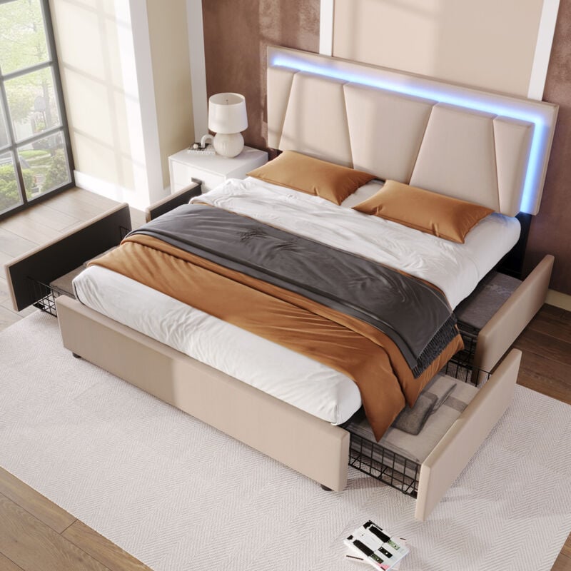 foto del prodotto letto imbottito con illuminazione led e 4 cassetti, testiera regolabile in altezza, letto matrimoniale 160x200 cm, contenitore, giroletto, rete a