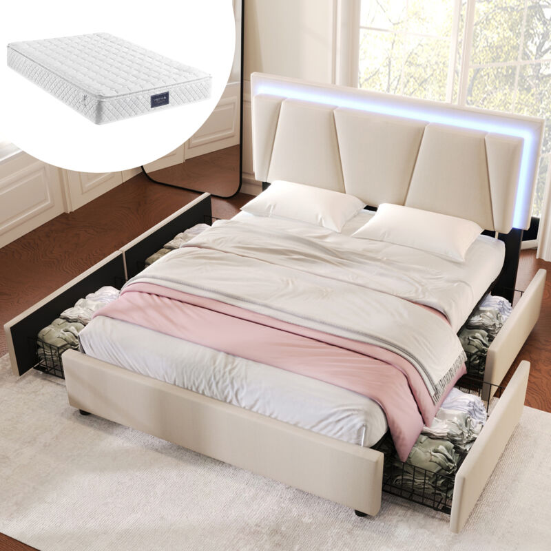 foto del prodotto letto imbottito con illuminazione led e 4 cassetti, testiera regolabile in altezza, letto matrimoniale 160x200 cm, contenitore, giroletto, rete a