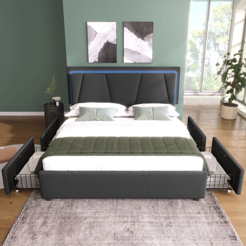 foto del prodotto letto imbottito con illuminazione led e 4 cassetti, testiera regolabile in altezza, letto matrimoniale 160x200 cm, contenitore, giroletto, rete a