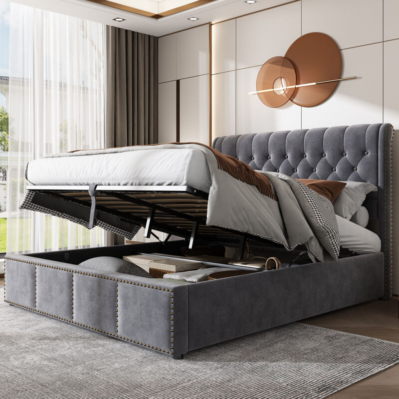 foto del prodotto letto imbottito, con leva idraulica, letto contenitore funzionale, decorazione rivetti, 180 x 200 cm, senza materasso, velluto, grigio