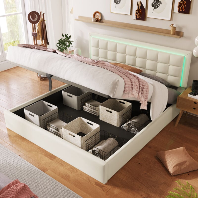 foto del prodotto letto imbottito con rete a doghe e vano contenitore, letto matrimoniale con led, 160x200 cm, copriletto funzionale in similpelle, bianco
