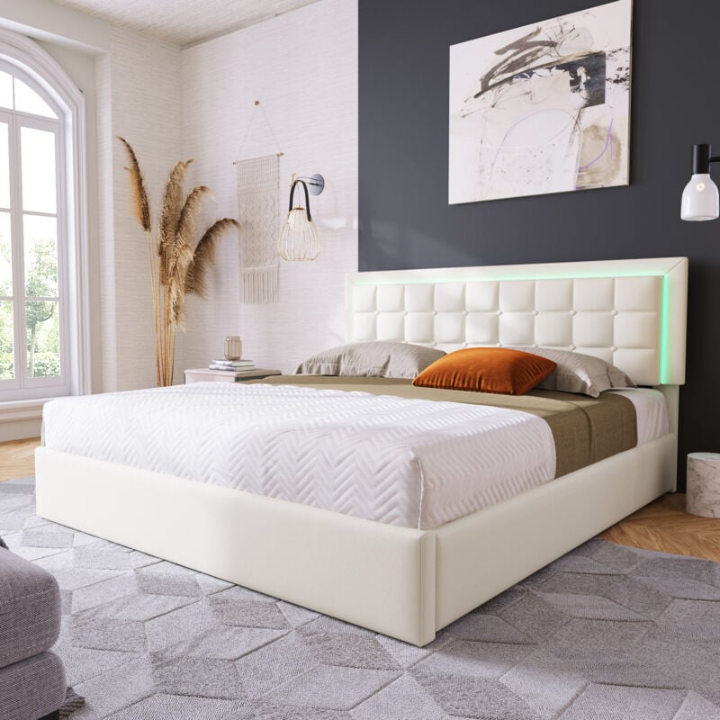 foto del prodotto letto imbottito con rete a doghe e vano contenitore, letto matrimoniale led, 180x200 cm, bianco